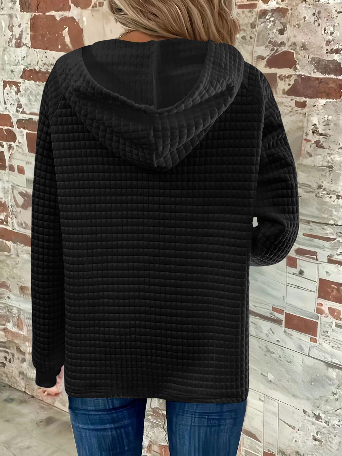 Full Size Texture Button Detail Drawstring Long Sleeve Hoodie