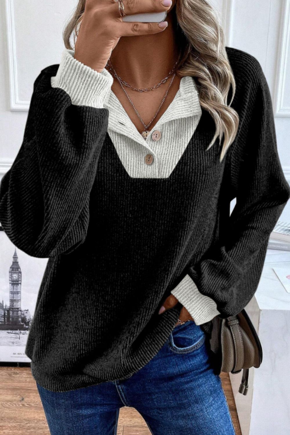 Contrast Quarter Button Round Neck Long Sleeve Top