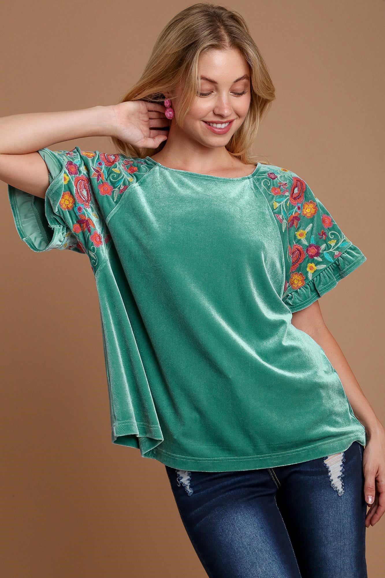 Umgee Velvet Embroidery Short Sleeve Blouse