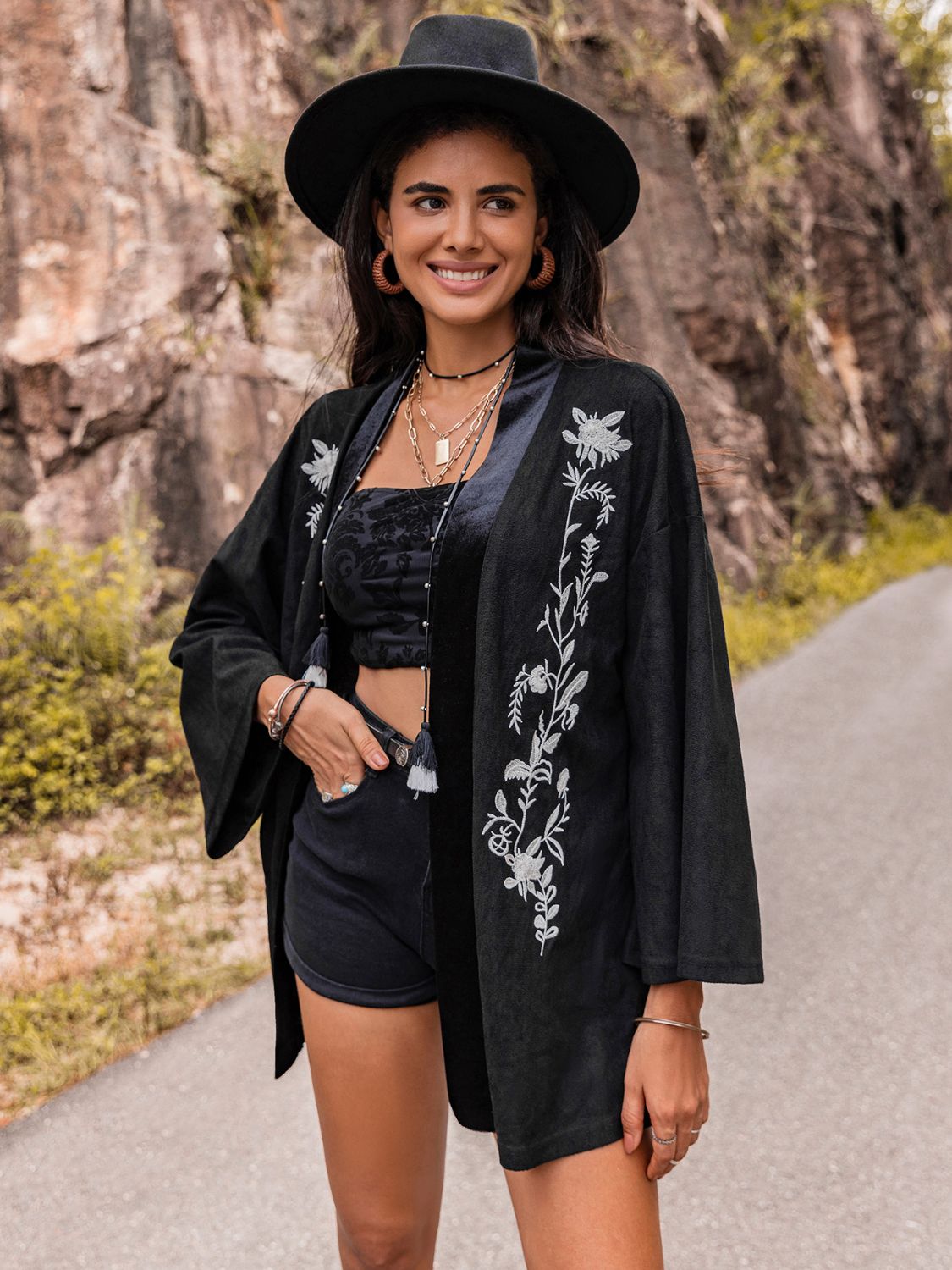 Embroidered Open Front Long Sleeve Cardigan