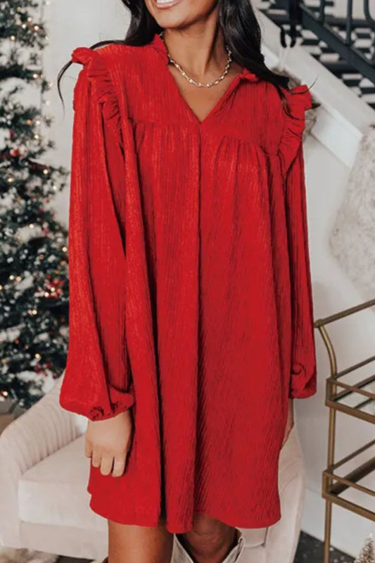 Frill Notched Long Sleeve Dress