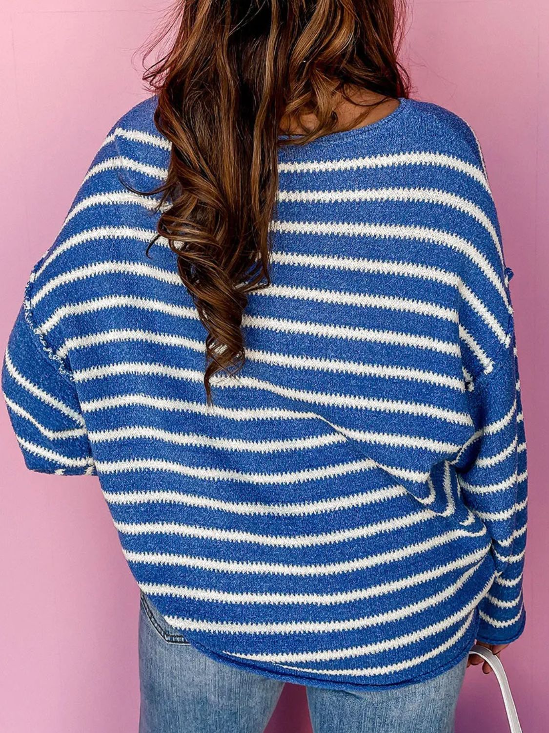 Plus Size Striped Round Neck Dropped Shoulder Sweater