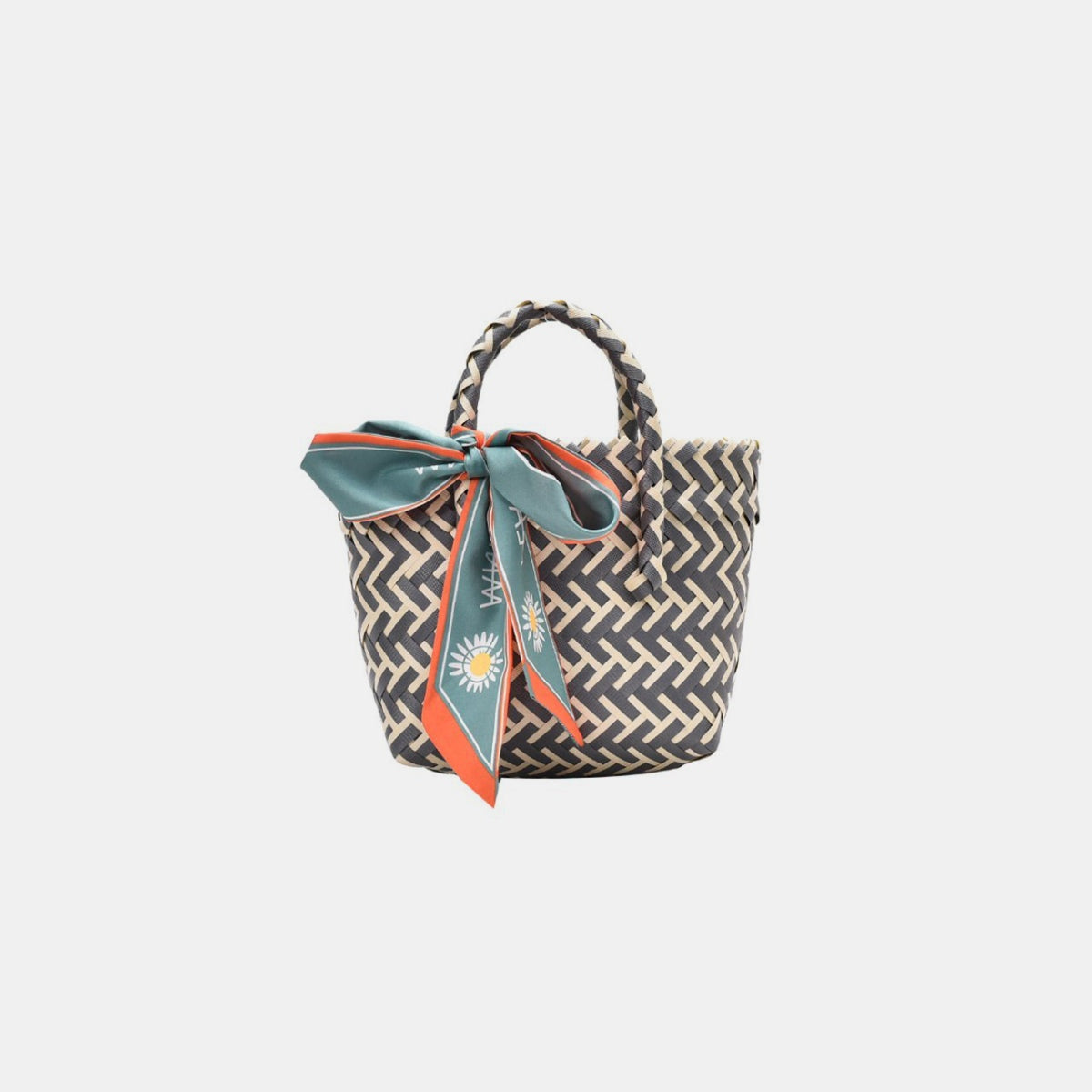 Contrast Woven Handbag with Ribbon