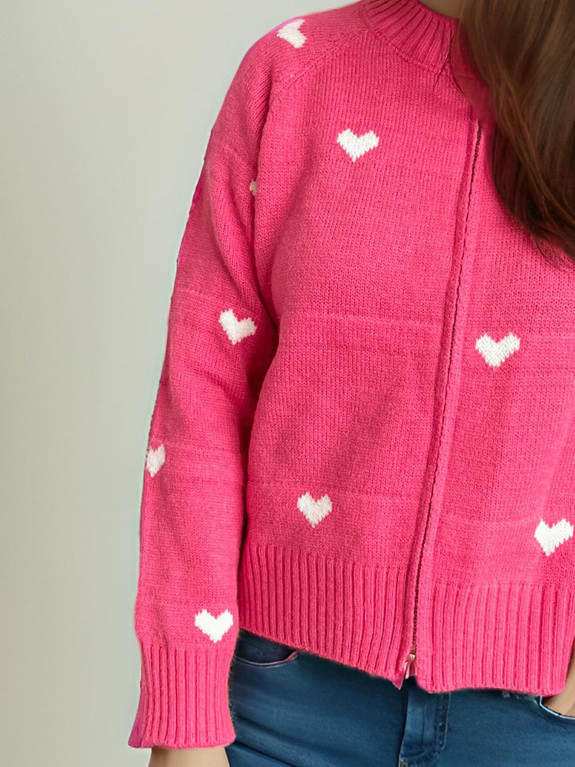 Heart Round Neck Zip Up Cardigan