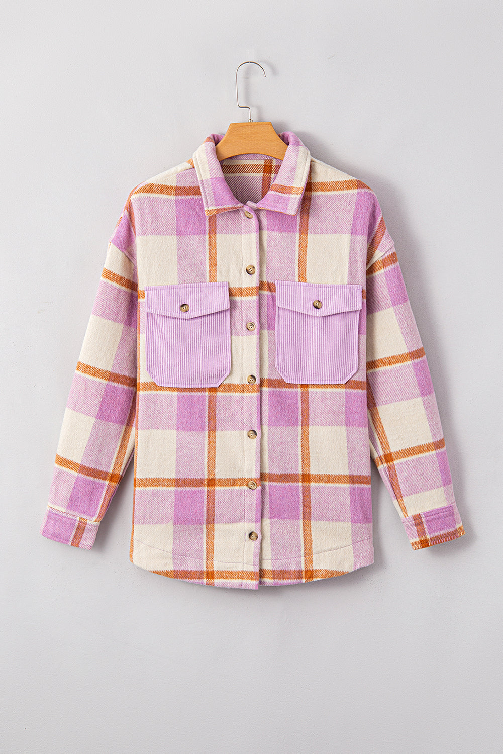 Plaid Corduroy Pockets Brushed Checkered Shacket