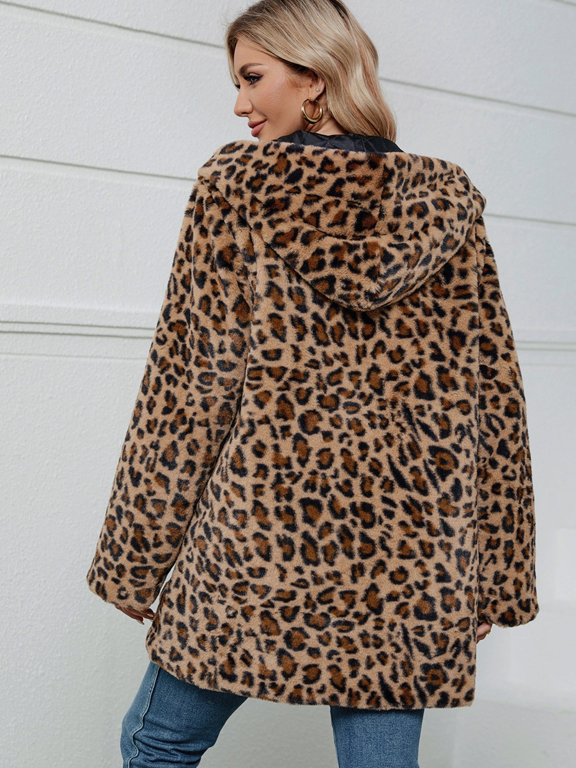 Fuzzy Leopard Hooded Long Sleeve Jacket