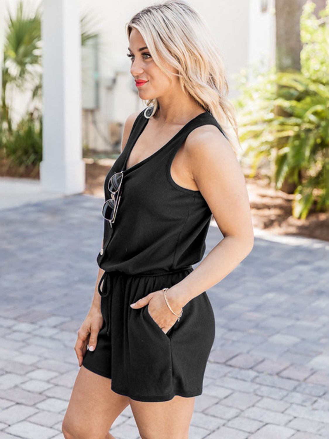 Scoop Neck Wide Strap Romper with Pockets