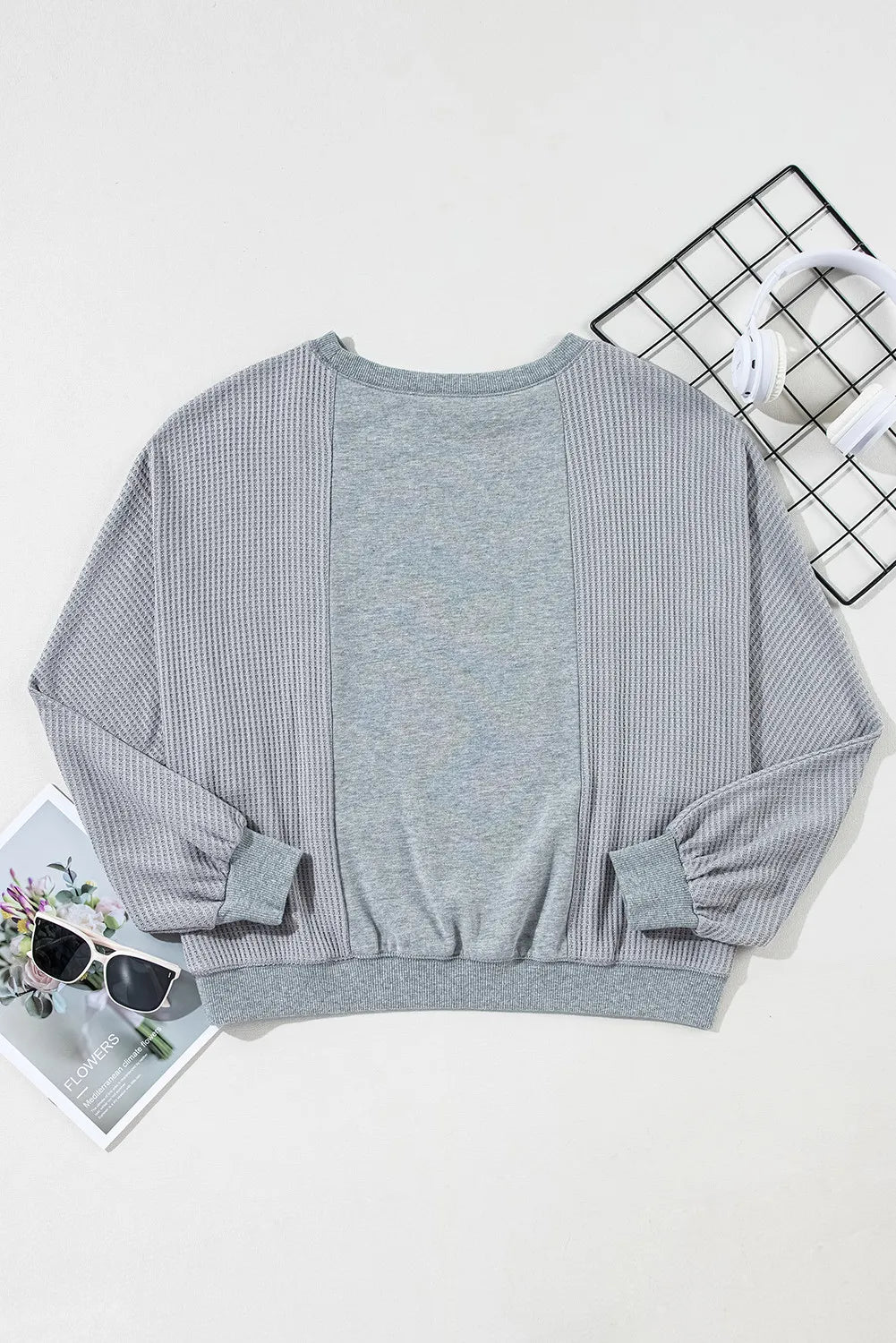 Waffle-Knit Round Neck Long Sleeve Top