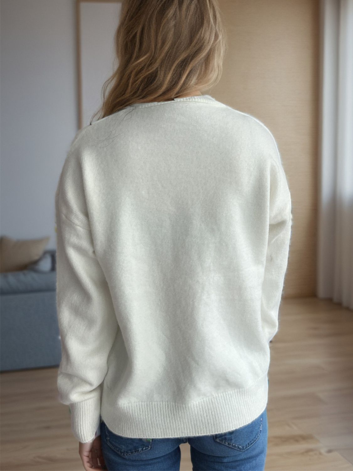 Round Neck Drop Shoulder Long Sleeve Sweater