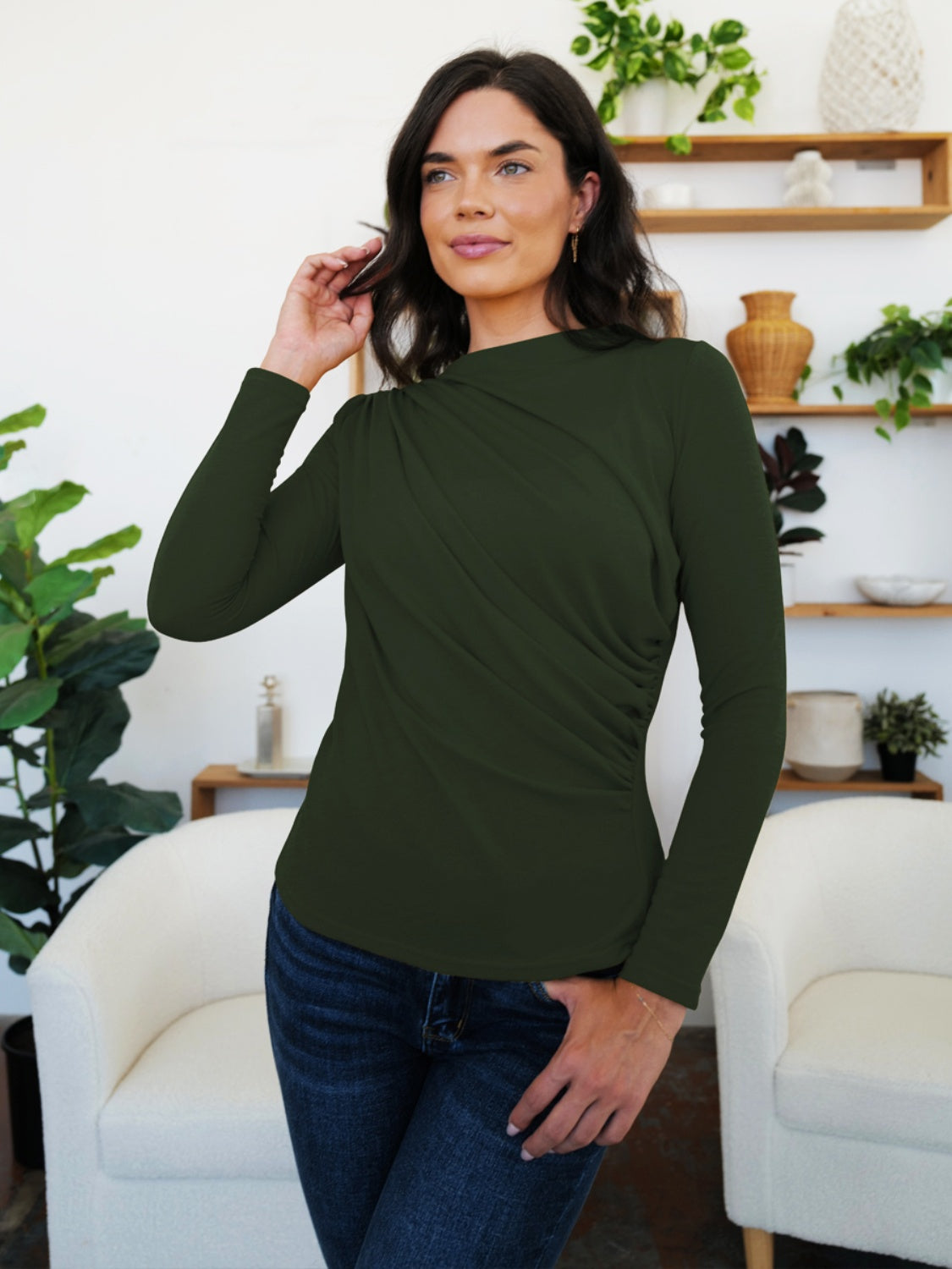 FAM-FAM Ruched Mock Neck Long Sleeve T-Shirt