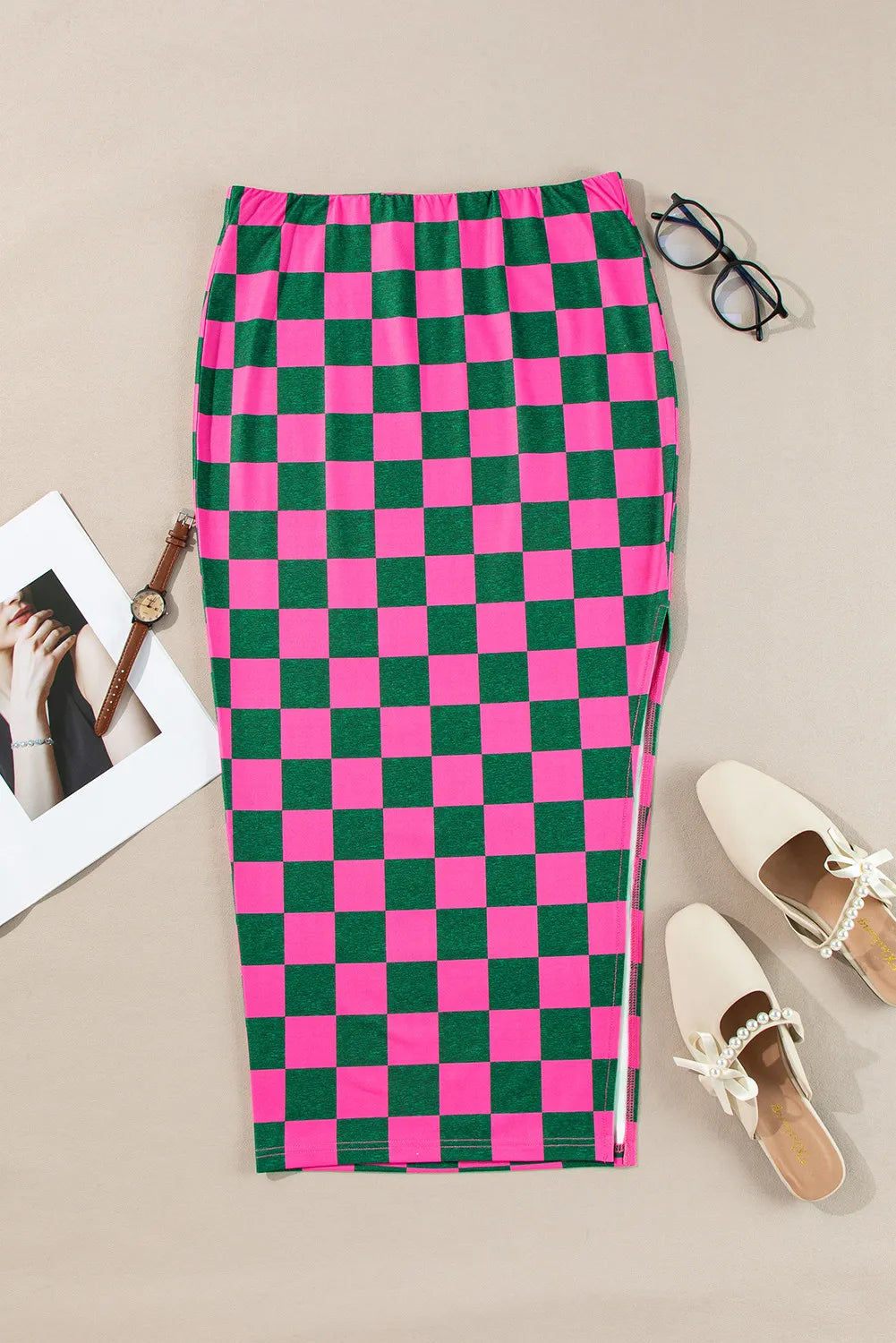 Split Checkered Midi Skirt