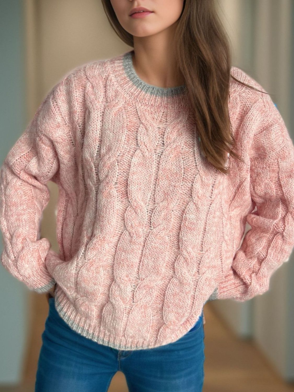 Cable Knit Round Neck Long Sleeve Sweater