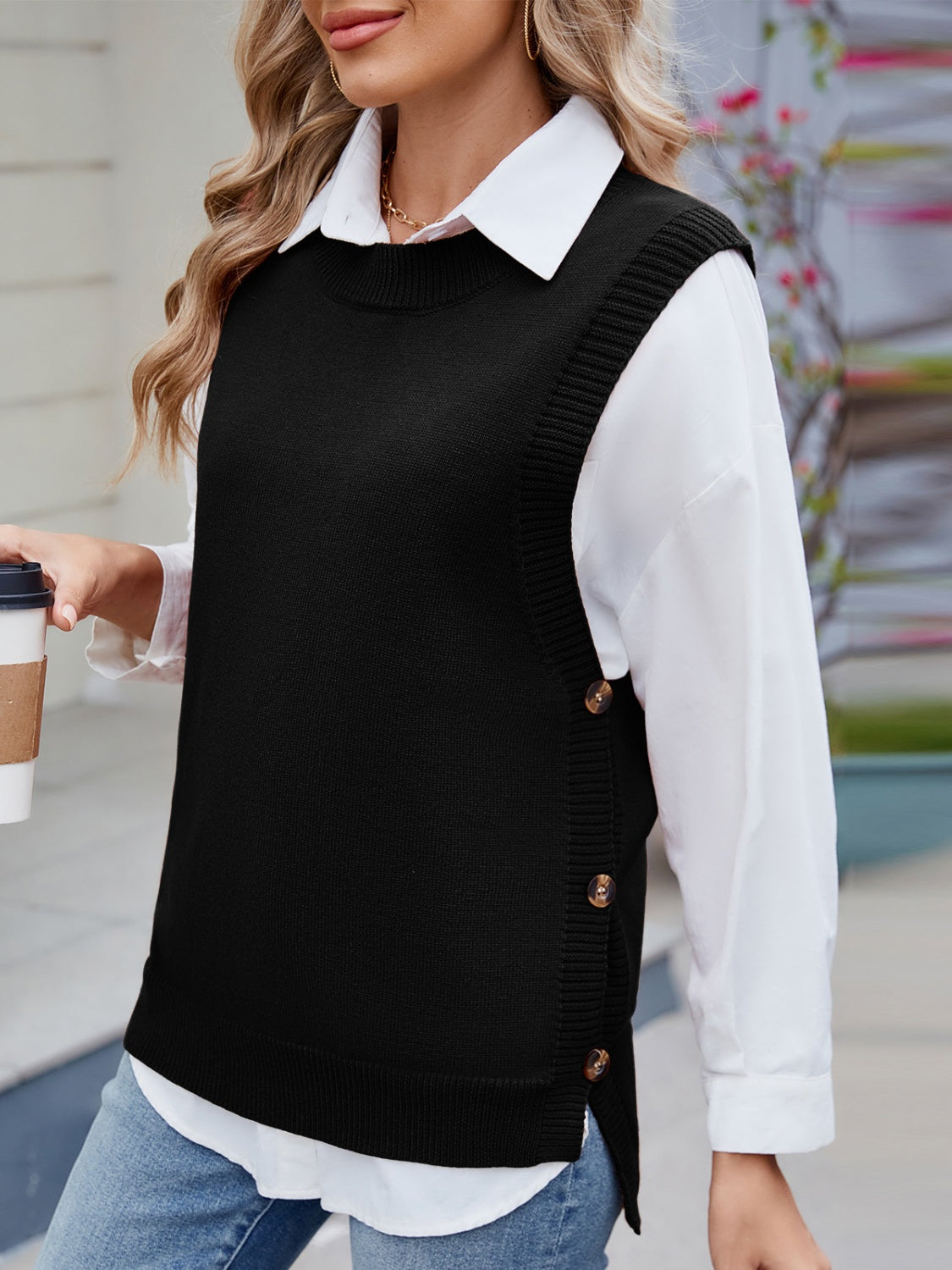 Buttoned Round Neck Sweater Vest