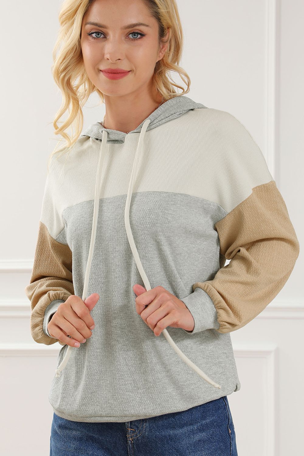 Drawstring Color Block Long Sleeve Hoodie