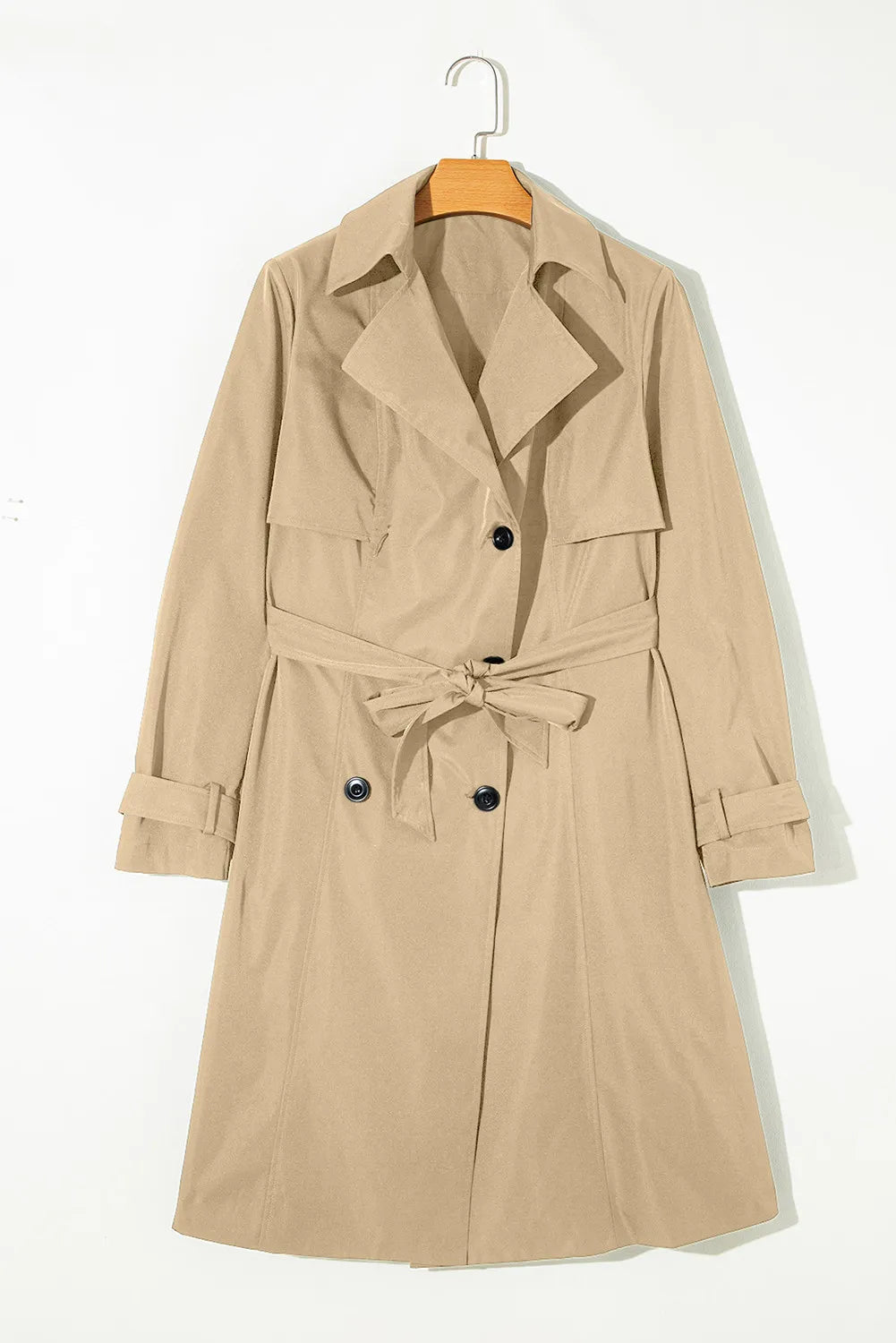 Collared Neck Tie Waist Buttoned Long Sleeve Trench Coat