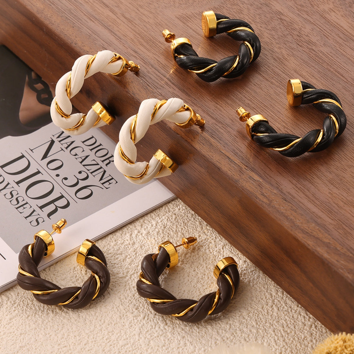 Twisted Leather Rope C-Hoop Earrings