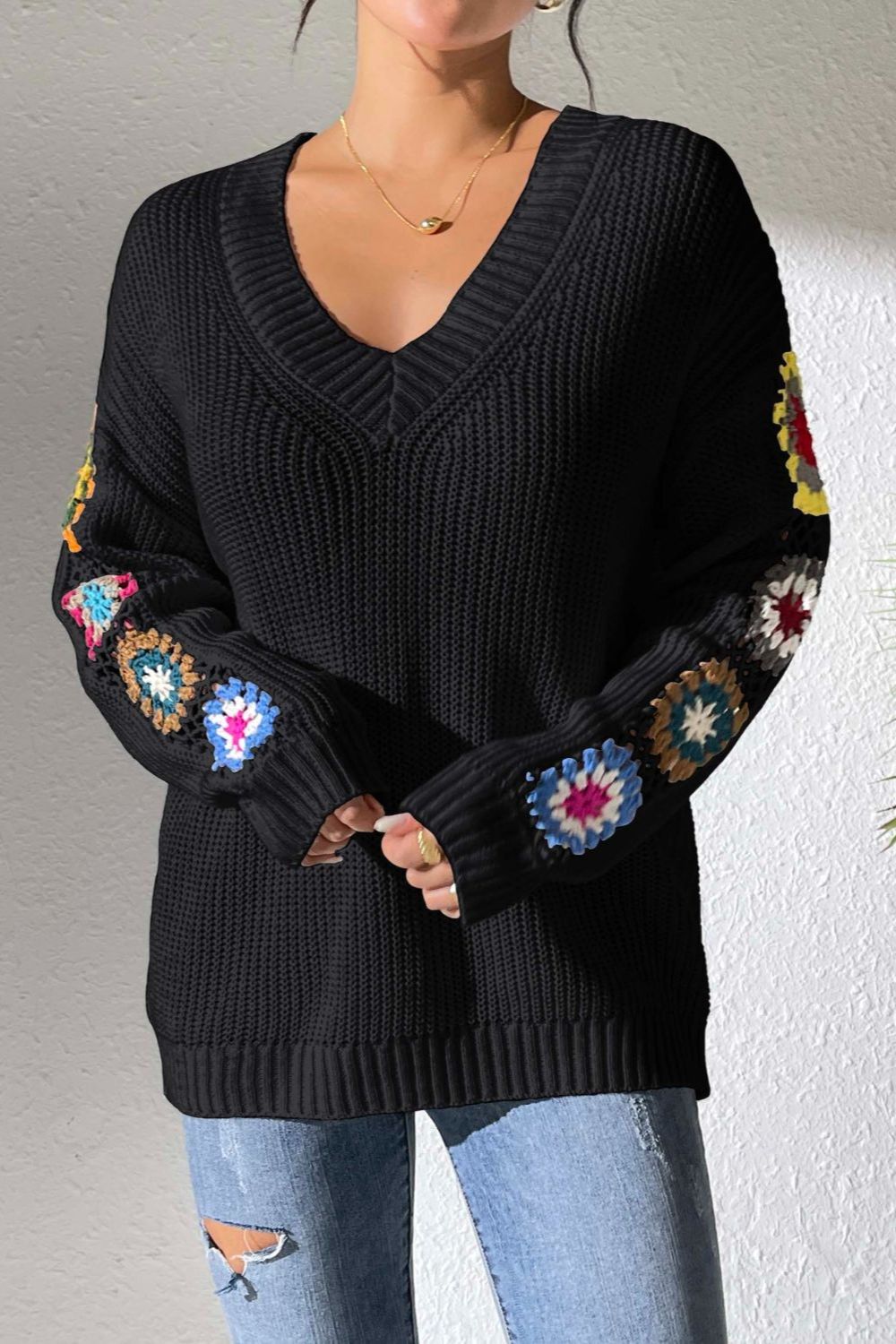 Crochet Flower V-Neck Sweater