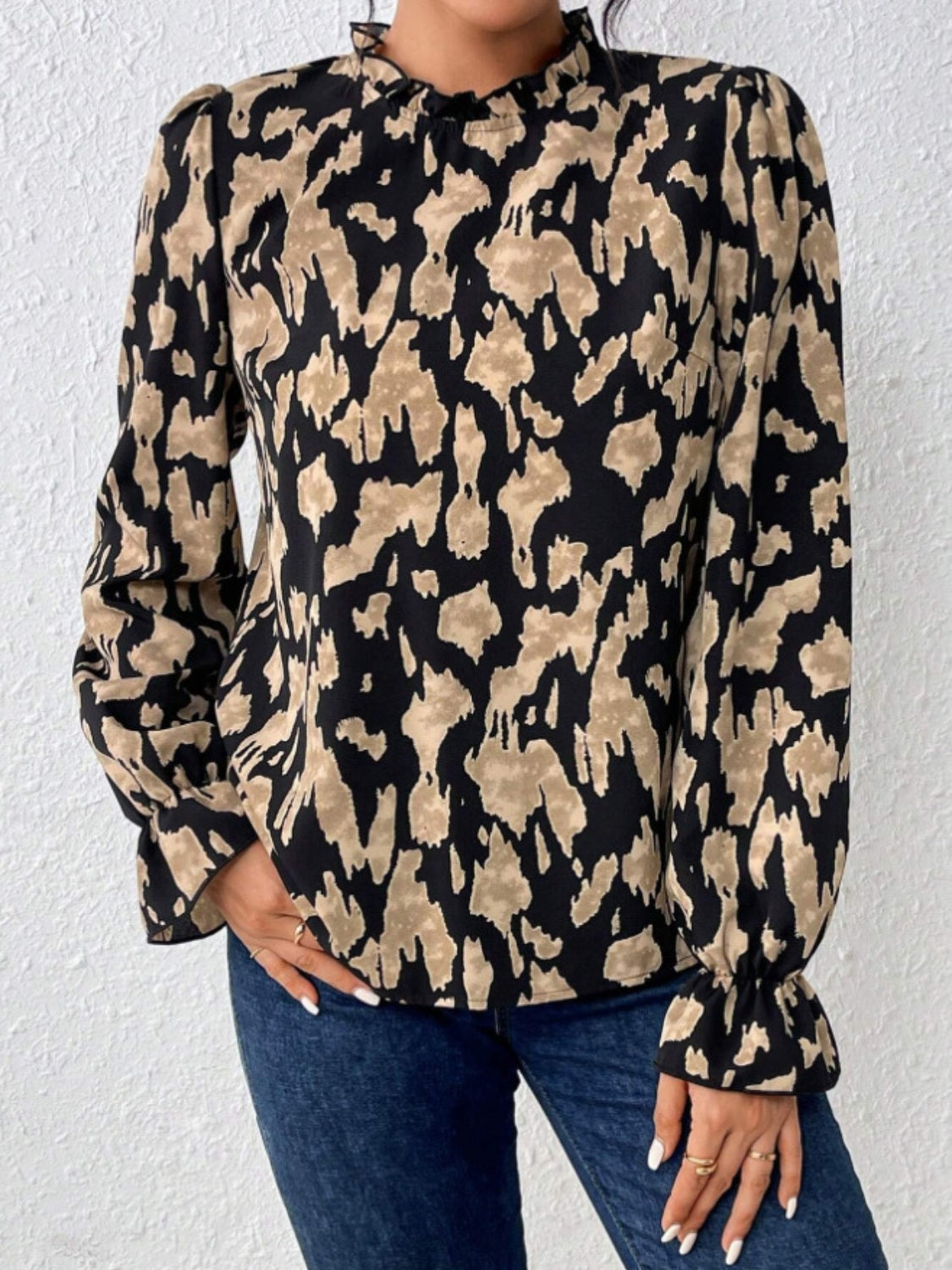 Frill Leopard Mock Neck Flounce Sleeve Blouse