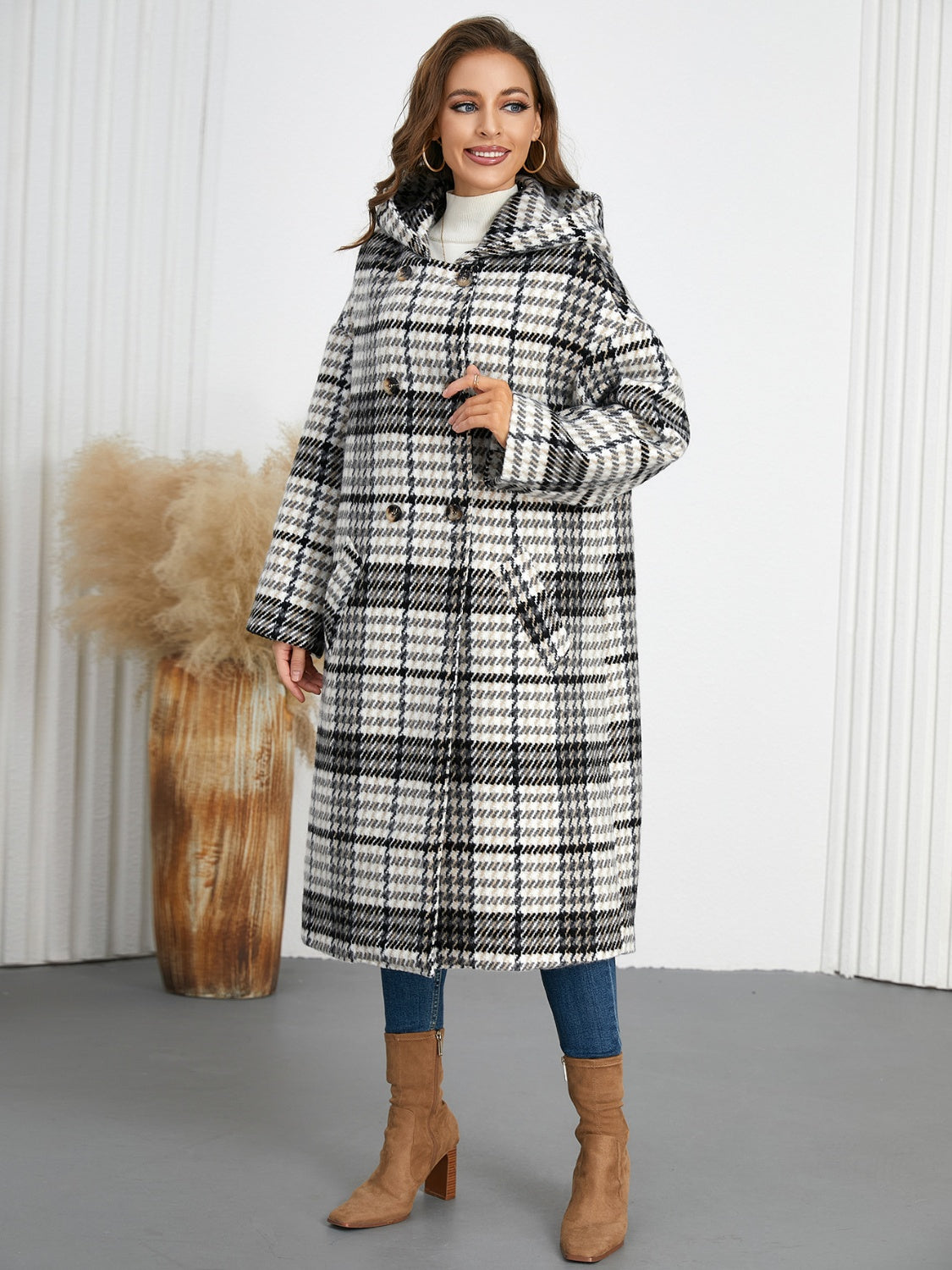 Plaid Double-Breasted Long Sleeve Longline Coat