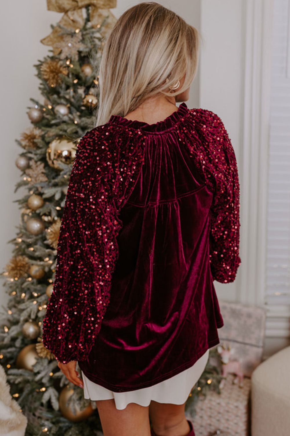 Sequin Notched Long Sleeve Blouse