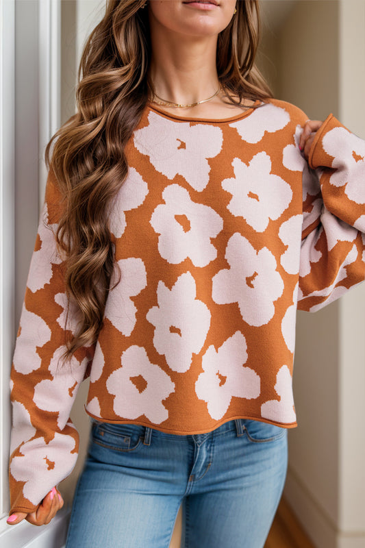 Flower Round Neck Long Sleeve Knit Top