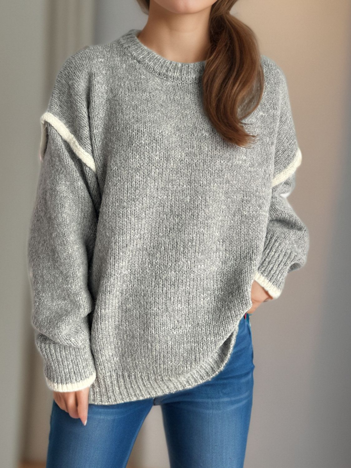 Contrast Trim Round Neck Dropped Shoulder Sweater