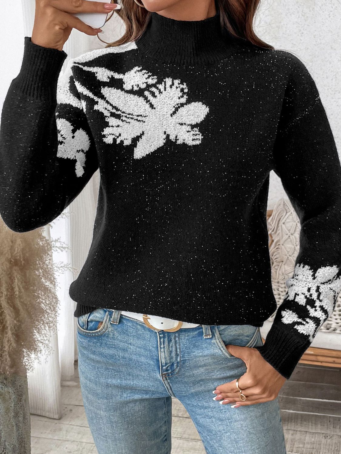 Perfee Flower Mock Neck Long Sleeve Sweater