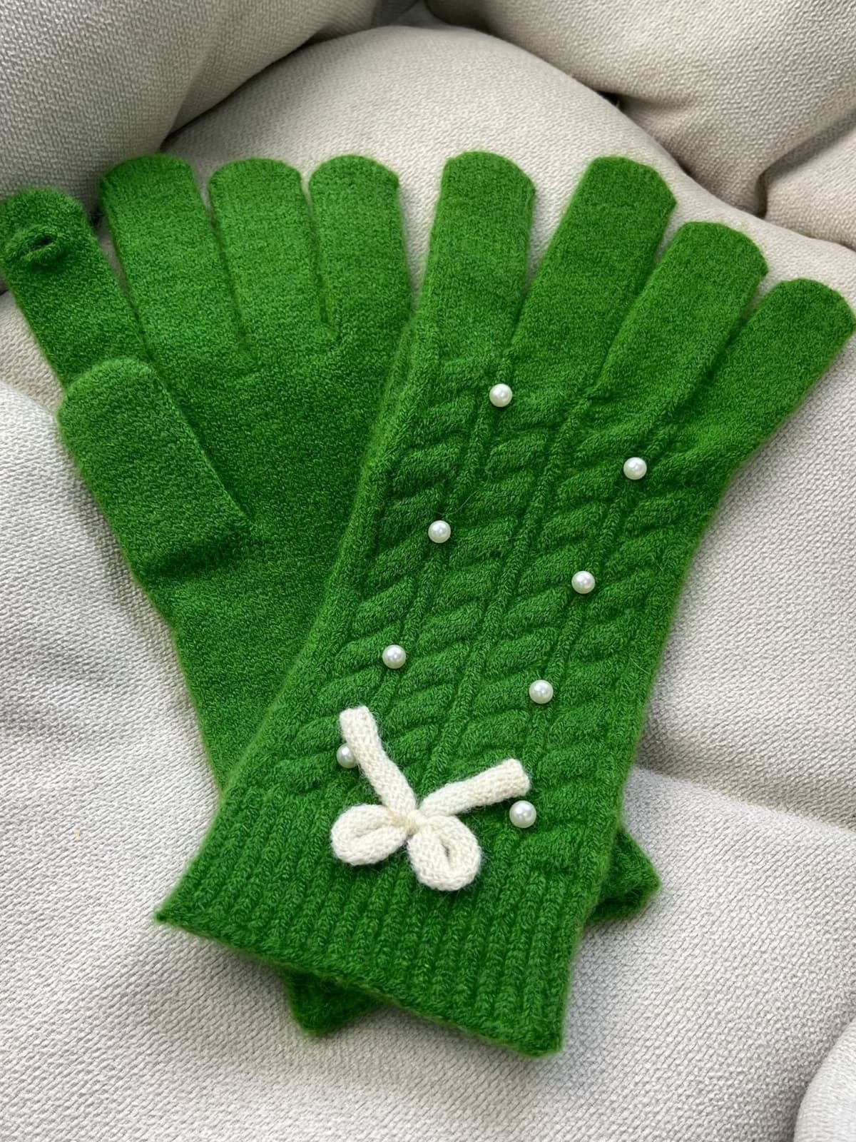 Thermal Pearl Detail Bow Five-Finger Gloves