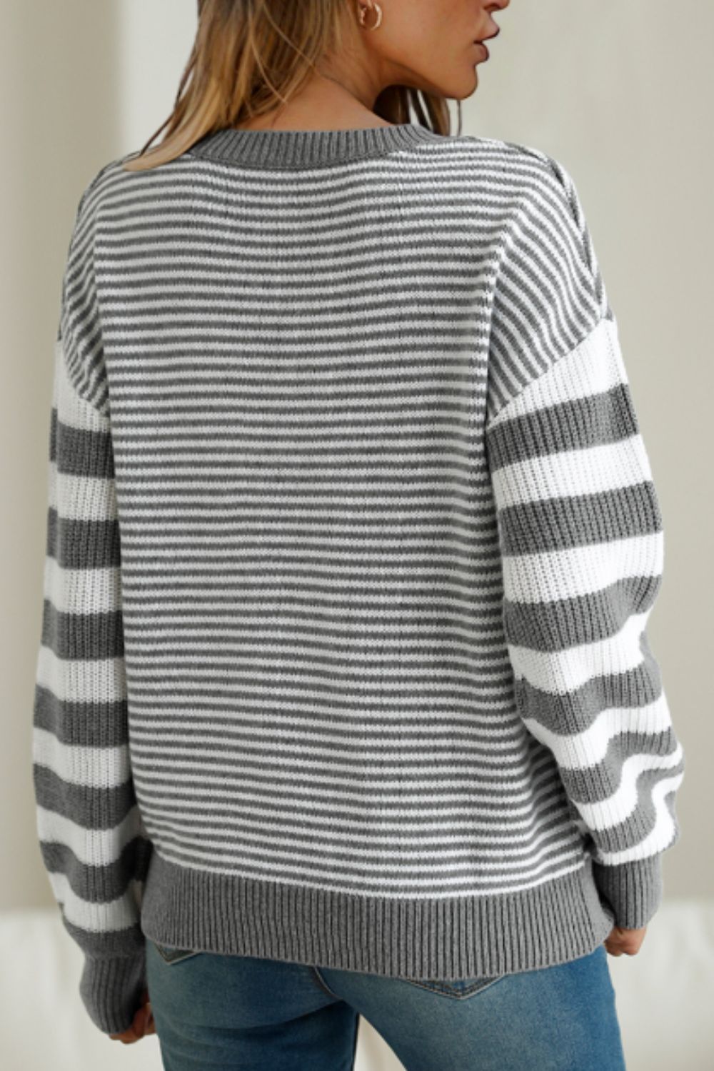 Striped Round Neck Dropped Shoulder Sweater