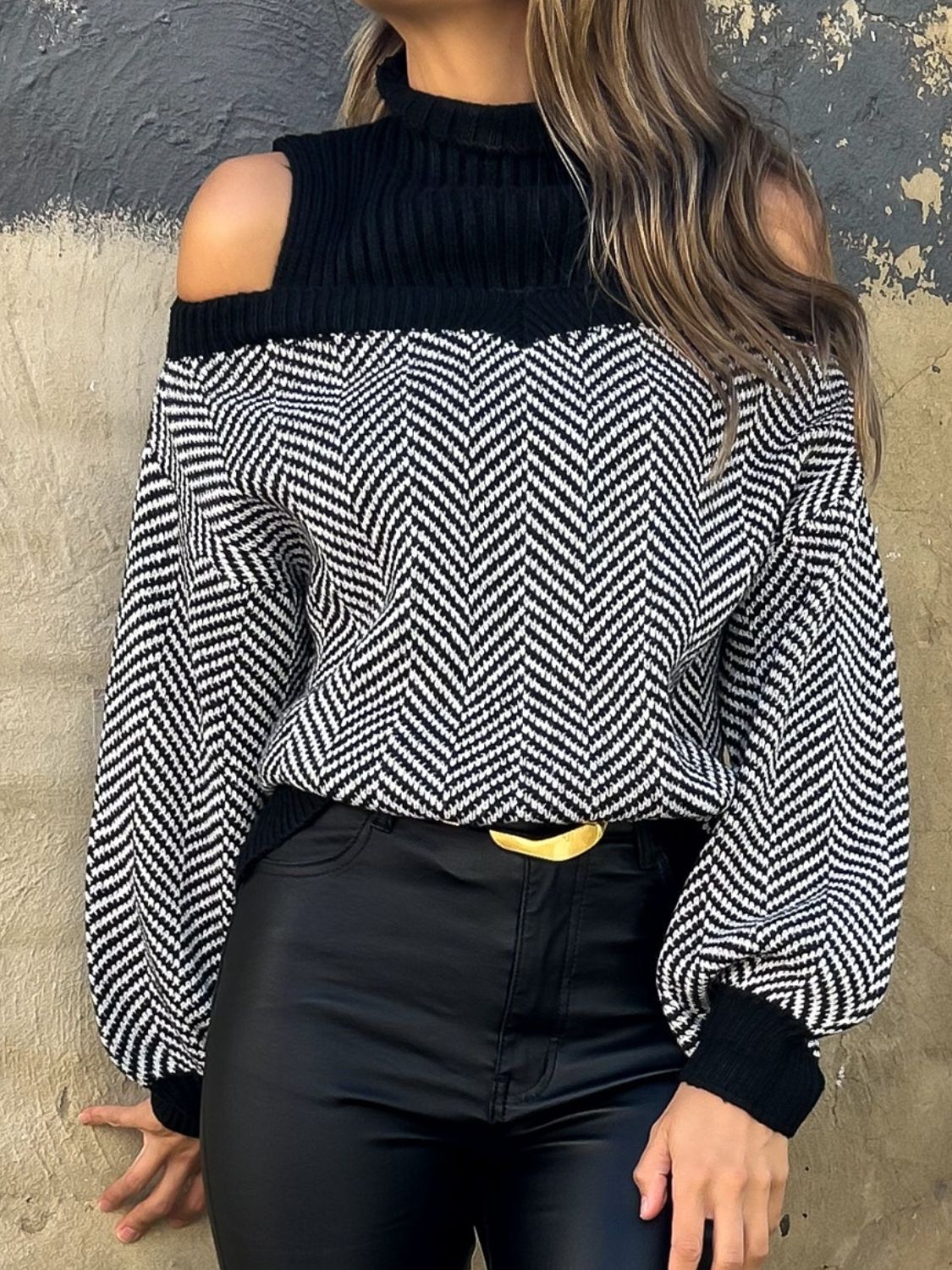 Perfee Mock Neck Cold Shoulder Sweater