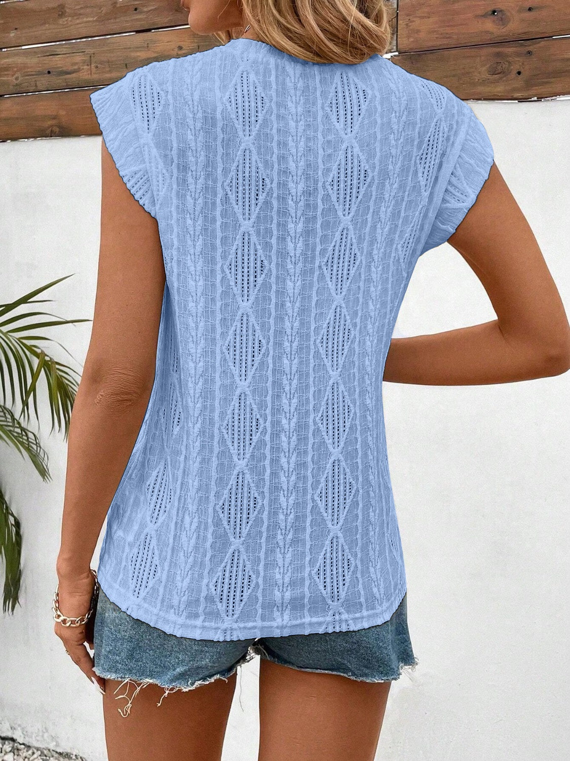 Openwork Round Neck Cap Sleeve Top