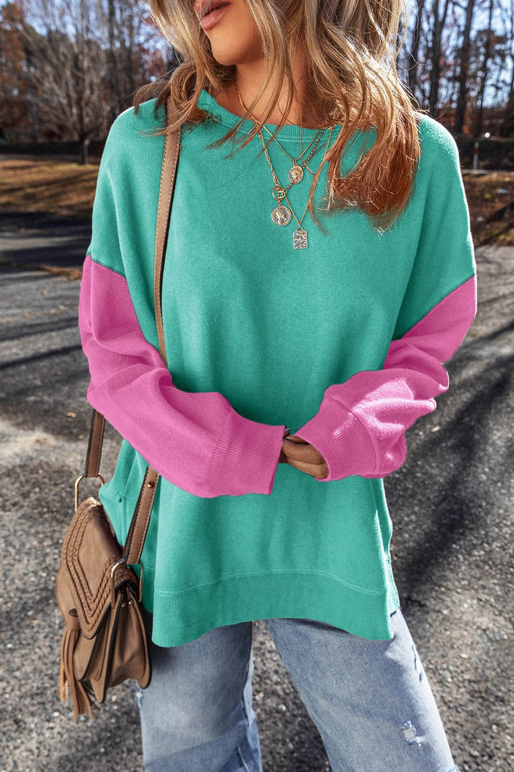 Contrast Round Neck Long Sleeve Sweatshirt