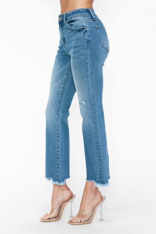 bytos Raw Hem Distressed Mid Rise Crop Jeans