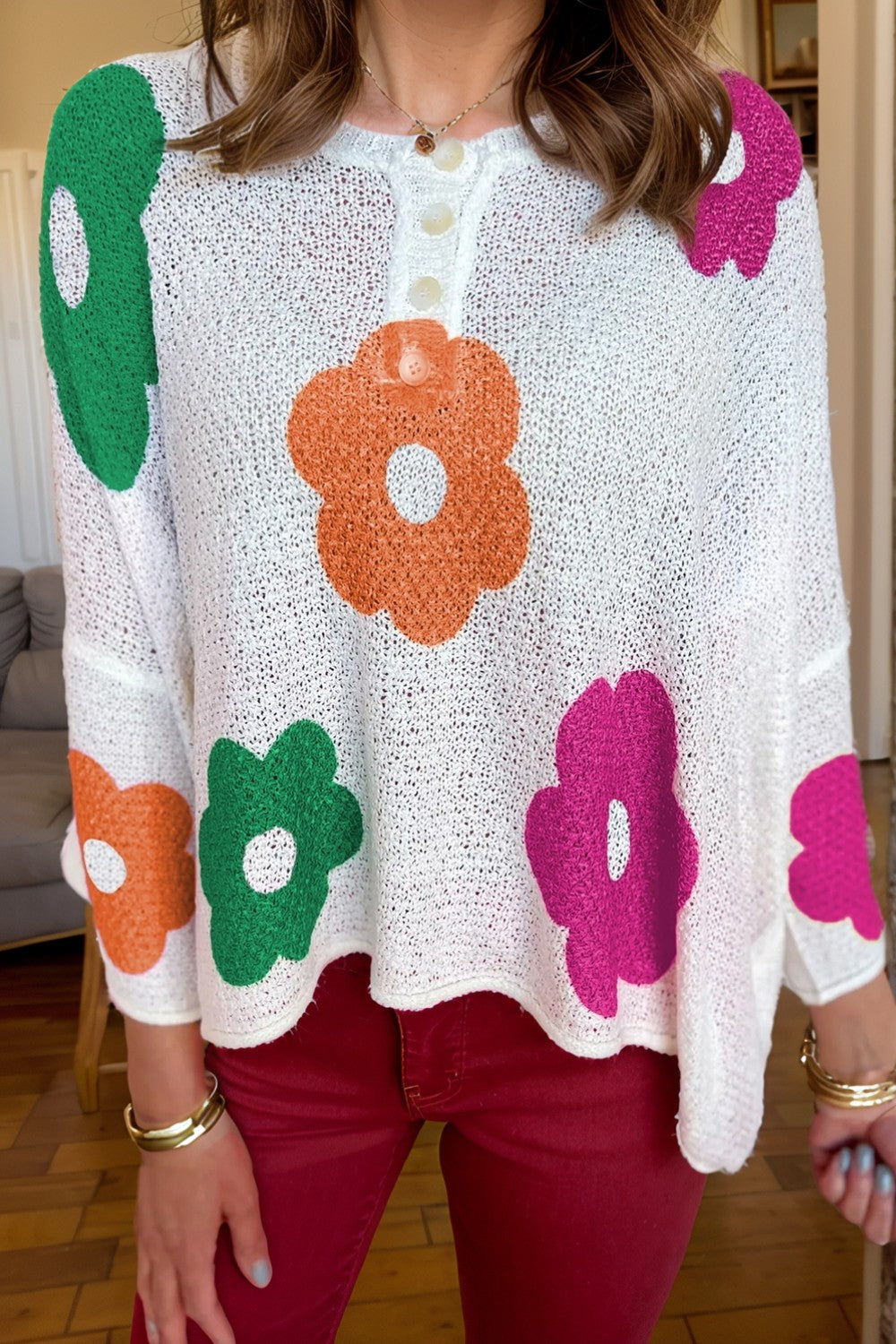 Flower Round Neck Quarter Button Knit Top