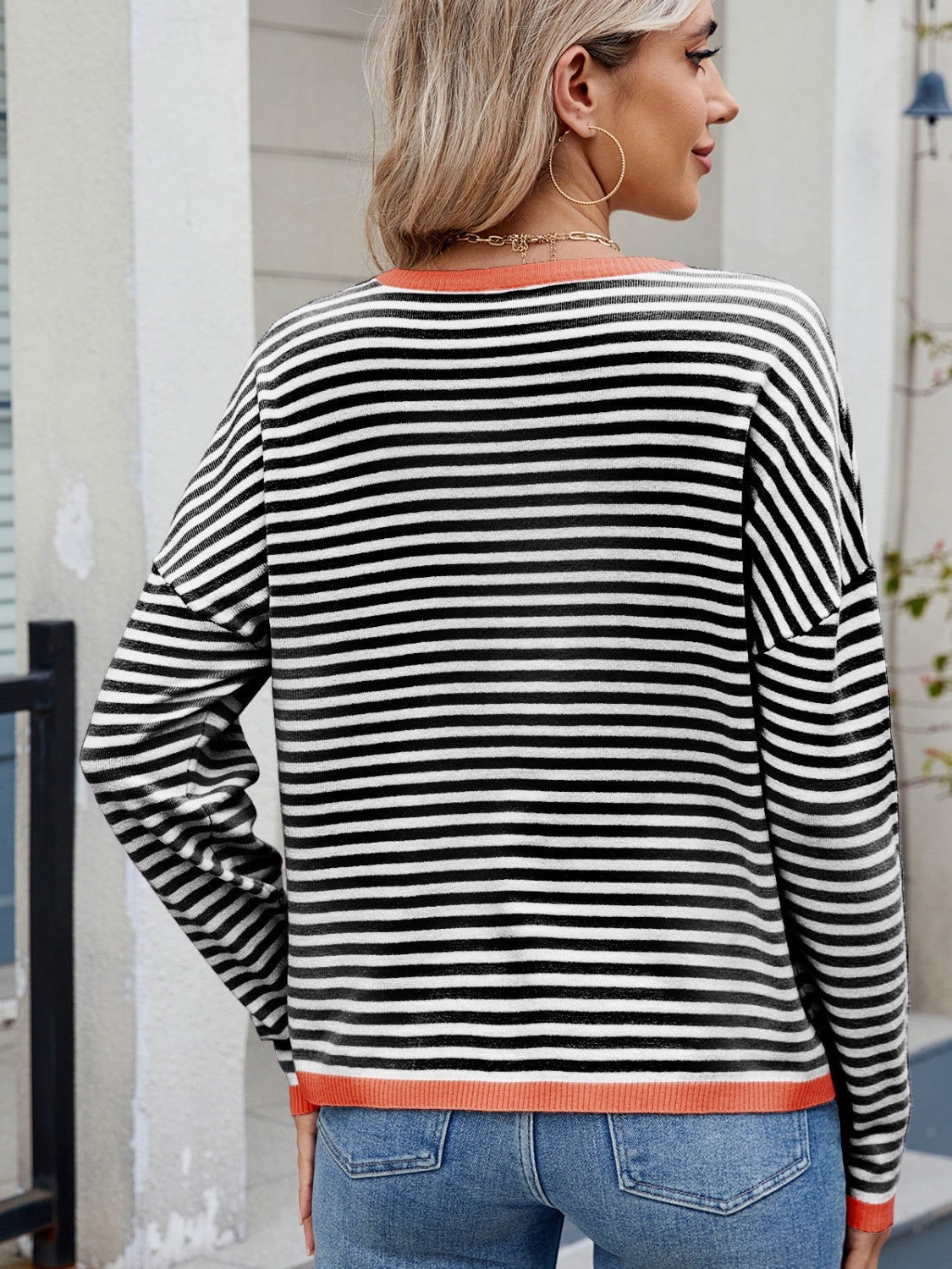 Striped Contrast Round Neck Long Sleeve Sweater