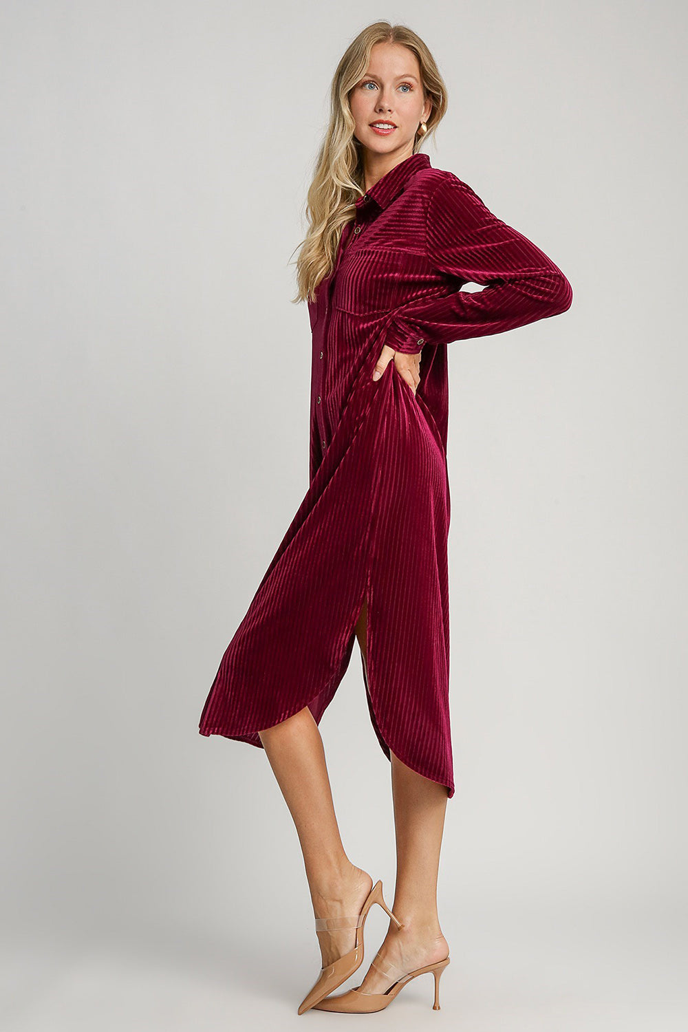 Umgee Texture Curved Hem Button Down Shirt Dress