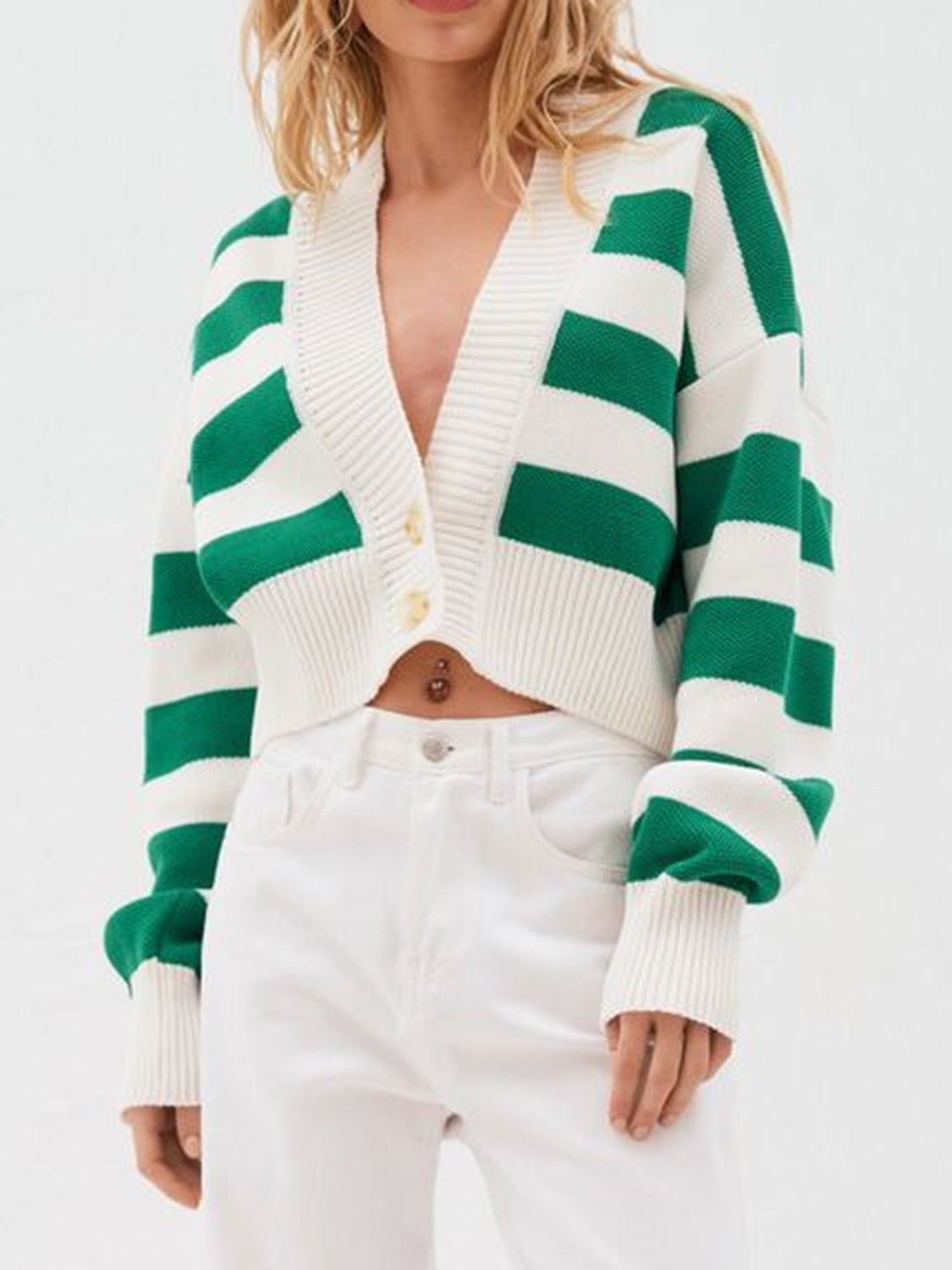 Striped Button Down Drop Shoulder Cardigan