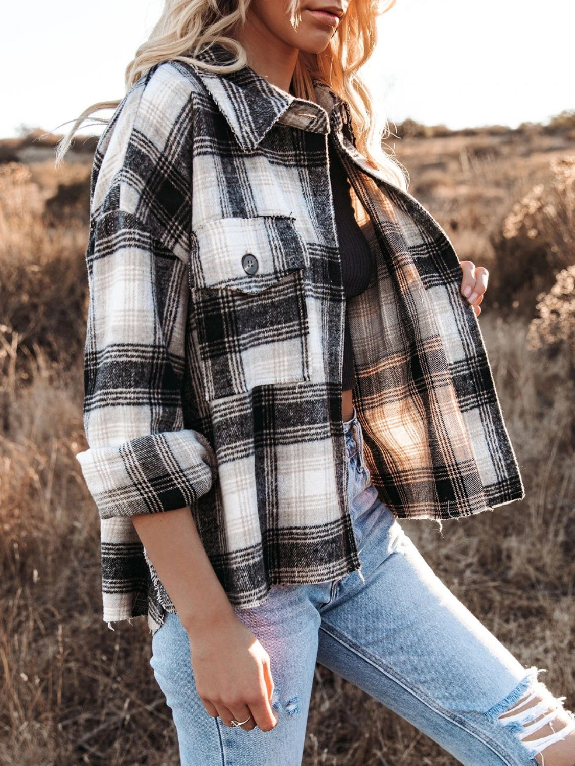 Pocketed Plaid Button Down Long Sleeve Shacket