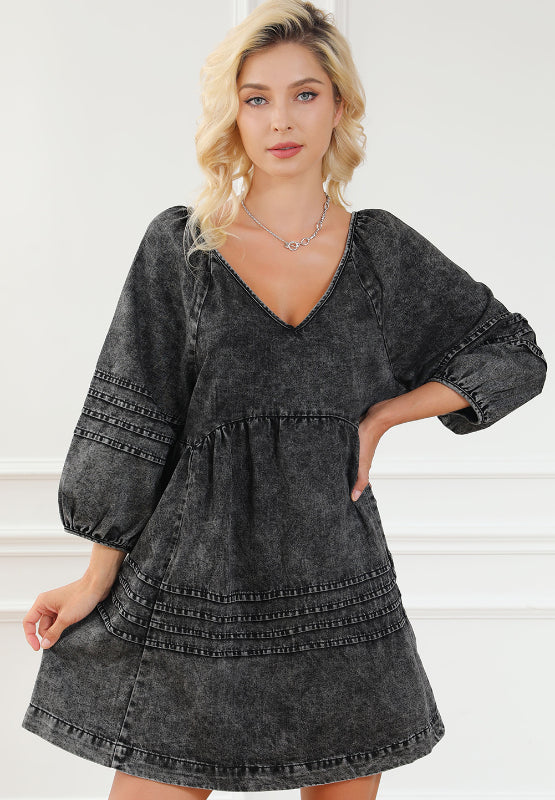 V-Neck Three Quarter Sleeve Denim Dress