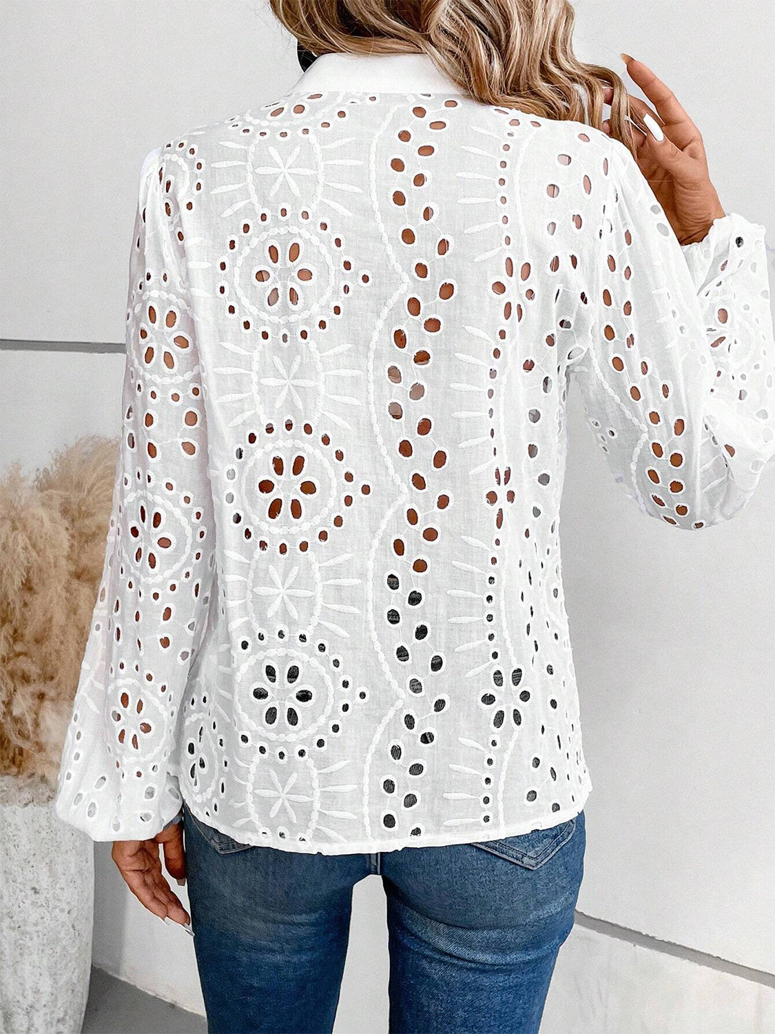 Cutout Notched Long Sleeve Blouse