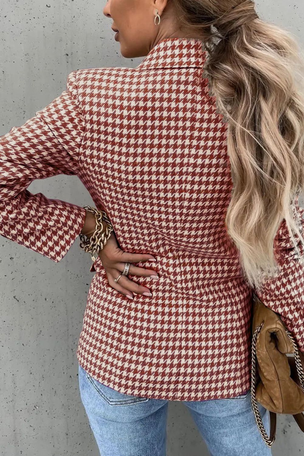 Houndstooth Collared Neck Double-Breasted Blazer