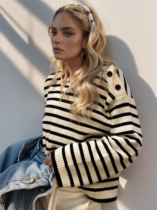 Perfee Striped Round Neck Long Sleeve Knit Top