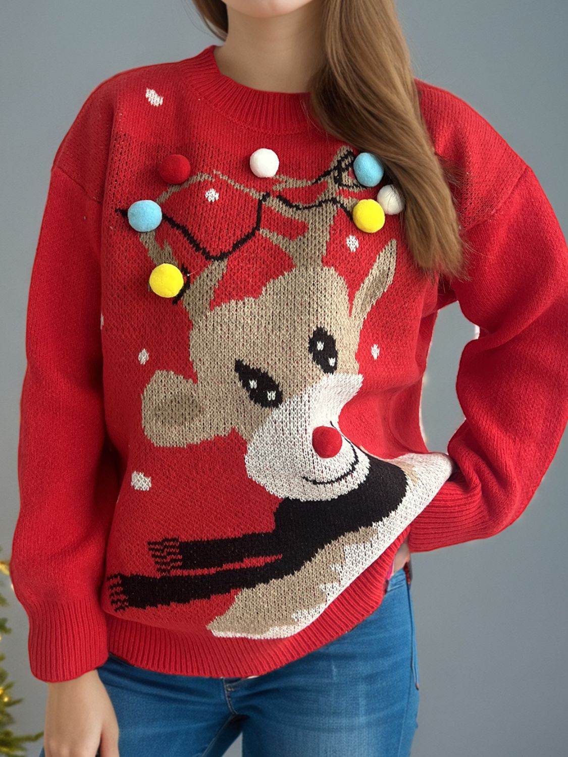 Reindeer Round Neck Long Sleeve Sweater