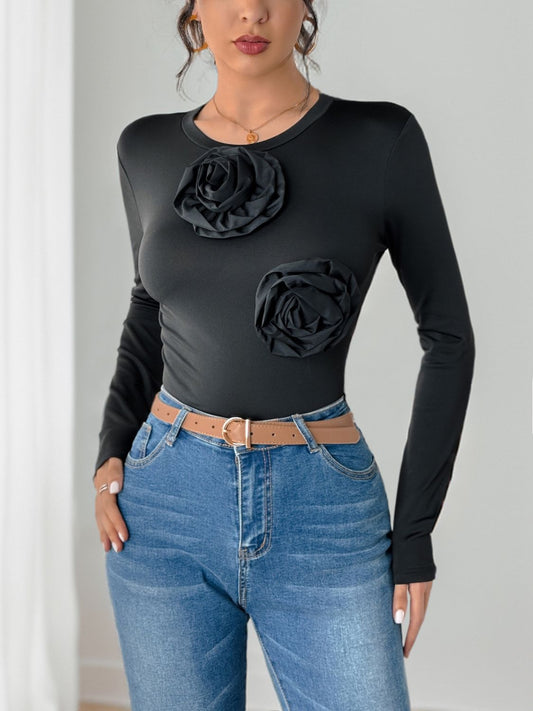 Perfee Flower Round Neck Long Sleeve Bodysuit