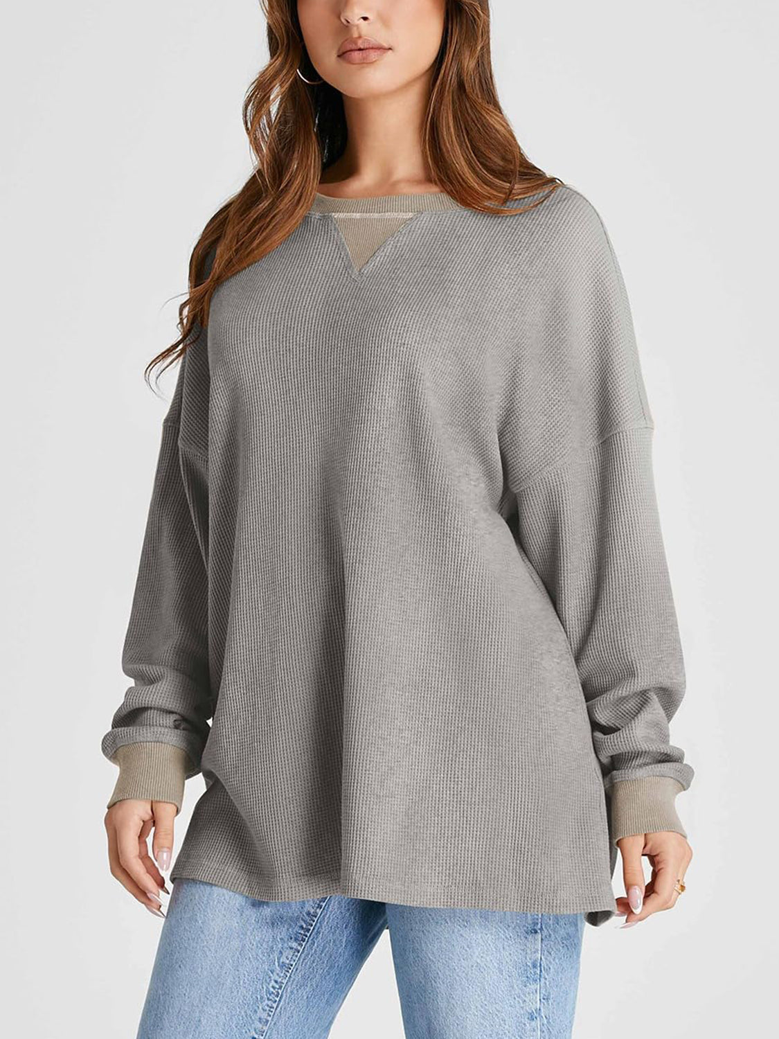 Waffle Knit Round Neck Long Sleeve T-Shirt