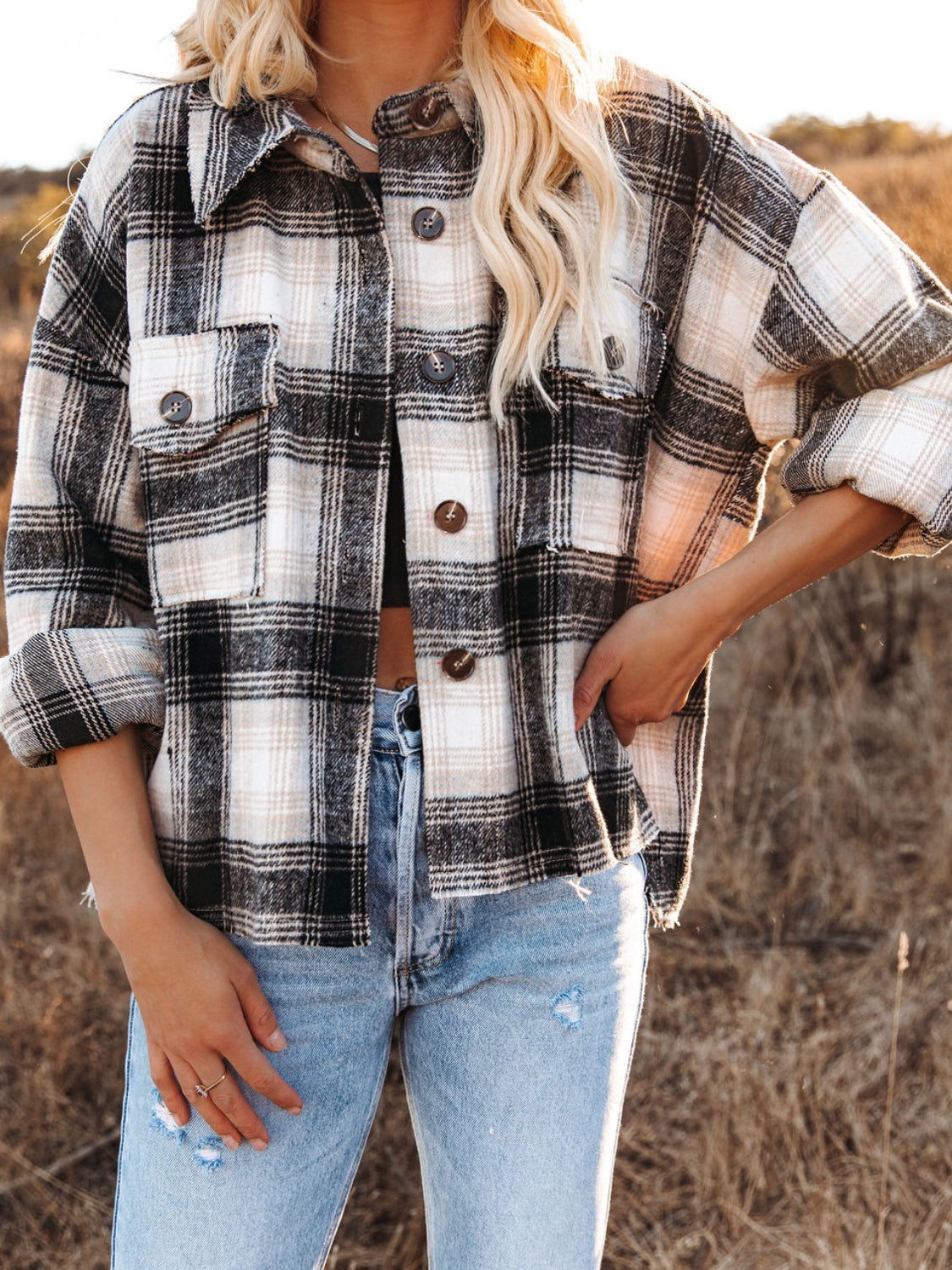 Pocketed Plaid Button Down Long Sleeve Shacket