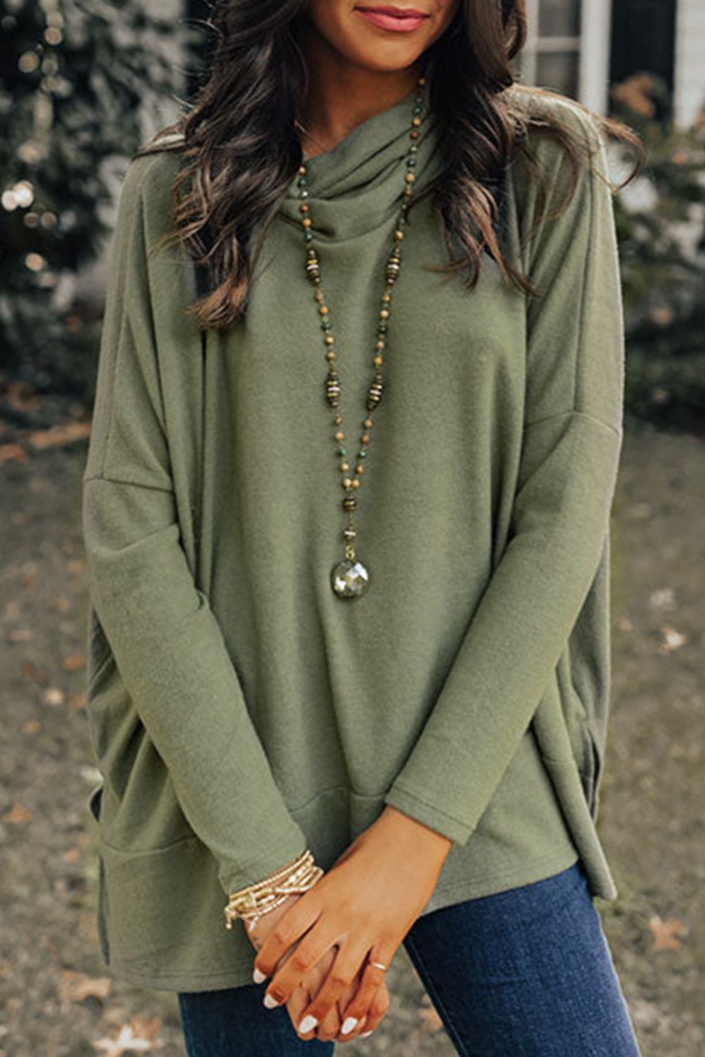 Side Slit High-Low Cowl Neck Long Sleeve Blouse