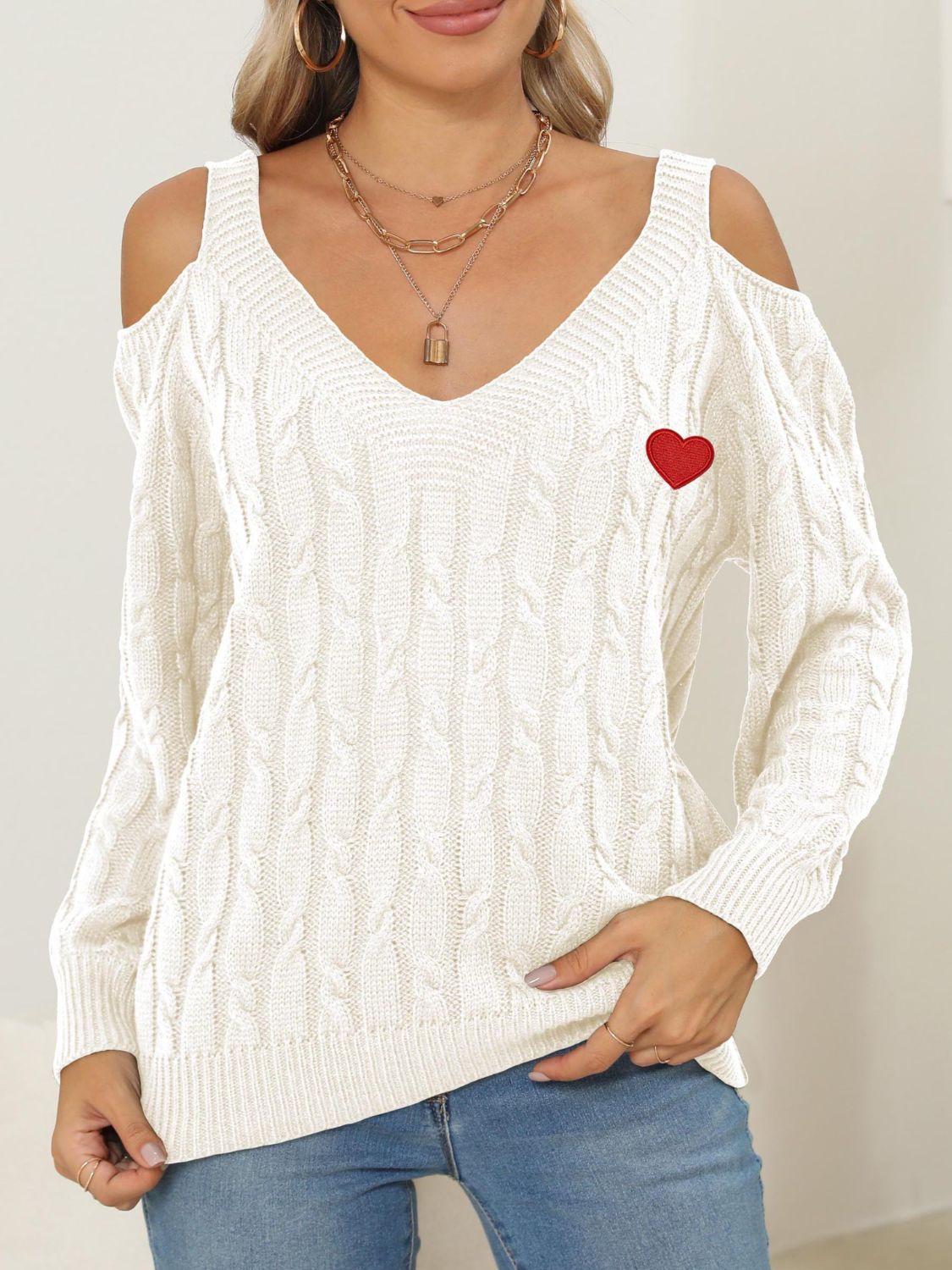 Cable-Knit Heart V-Neck Sweater